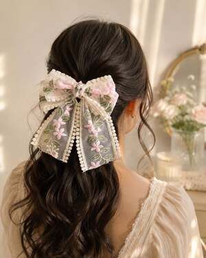 Pink Floral Lace Statement Hair Bow Cross Coquette Cottagecore Accessory